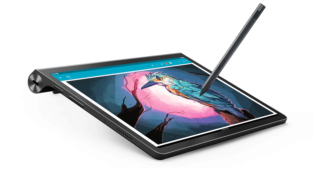 Lenovo Yoga Tab 11 tablet—3/4 left-front view, lying almost flat, with illustration app on the display and Lenovo Precision Pen 2 touching the screen