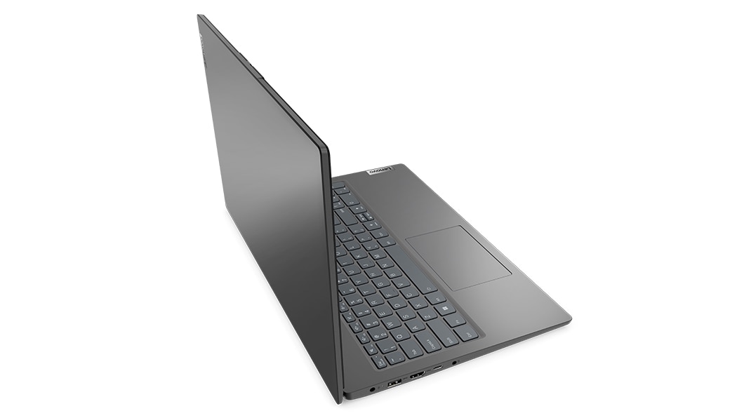 Left side view of Lenovo V15 Gen 3 (15” AMD) laptop, opened, showing front cover and part of keyboard