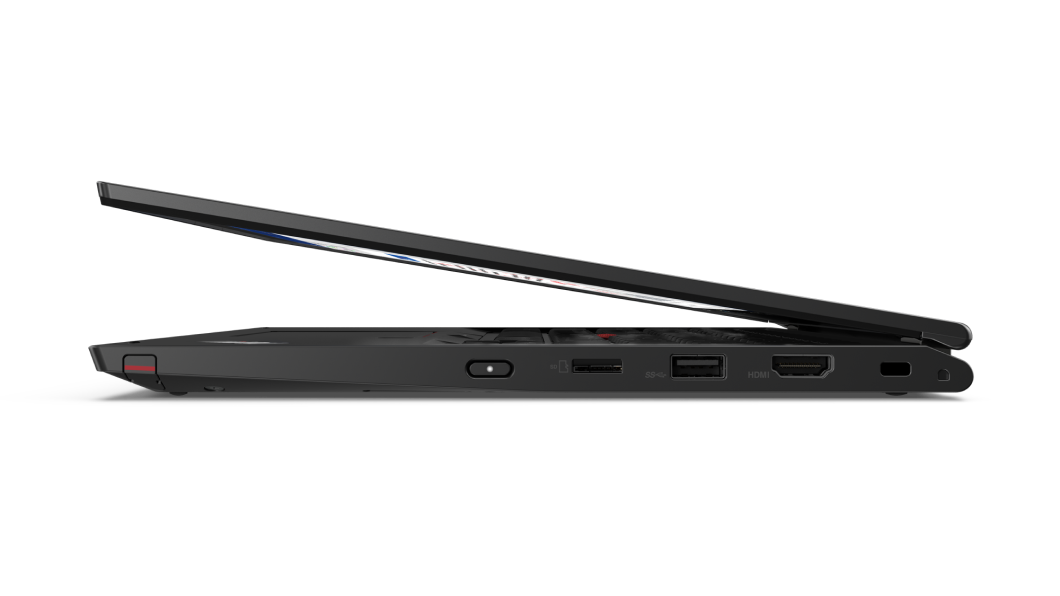 2. generasjons svart Lenovo ThinkPad L13 Yoga sett fra venstre, åpnet 45 grader