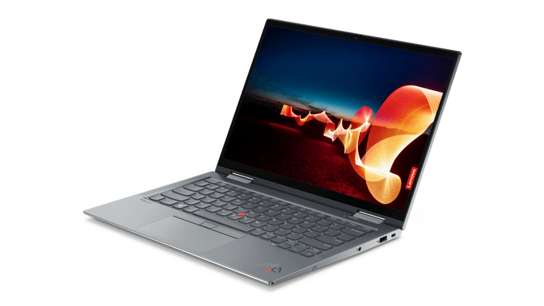 Portátil Lenovo ThinkPad X1 Yoga Gen 6 2-en-1 abierto a 90 grados y en ángulo para mostrar los puertos del lateral izquierdo.