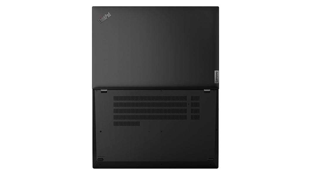 Den bärbara datorn Lenovo ThinkPad L15 Gen 3 bakifrån, öppnad i 180 grader.