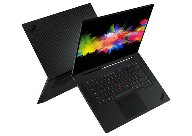 Two back-to-back floating Lenovo ThinkPad P1 Gen 4 (16'') mobile workstations open 90 degrees.