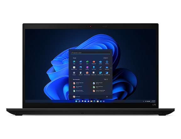 Vooraanzicht van de Lenovo ThinkPad L15 Gen 3-laptop met focus op het Windows 11 Pro-startmenu op het scherm.