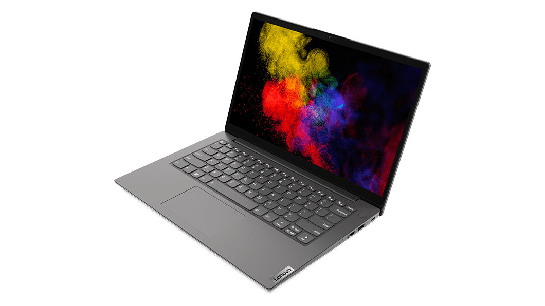 Lenovo V15 Gen 2-laptop (15'' Intel) – ¾ vooraanzicht van de rechterkant met het scherm geopend en gekleurde rookwolken op het beeldscherm