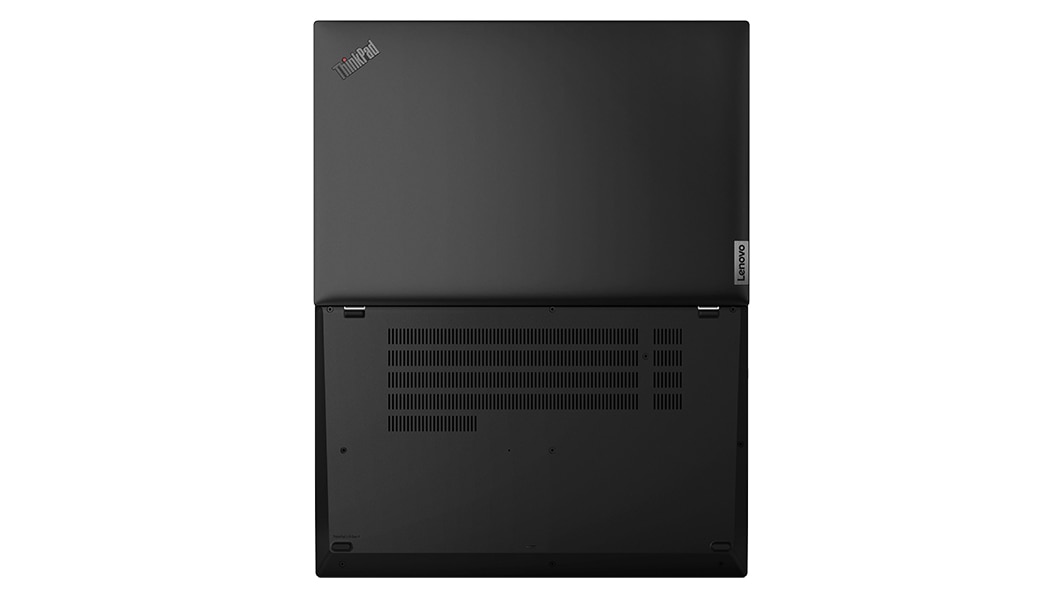 Lenovo ThinkPad L15 Gen 4 (15” AMD) laptop – rear view from below, lid open 180 degrees