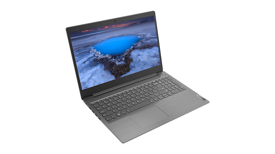 Lenovo V15 Notebook – Dreiviertelansicht von links vorne, mit geöffnetem Deckel