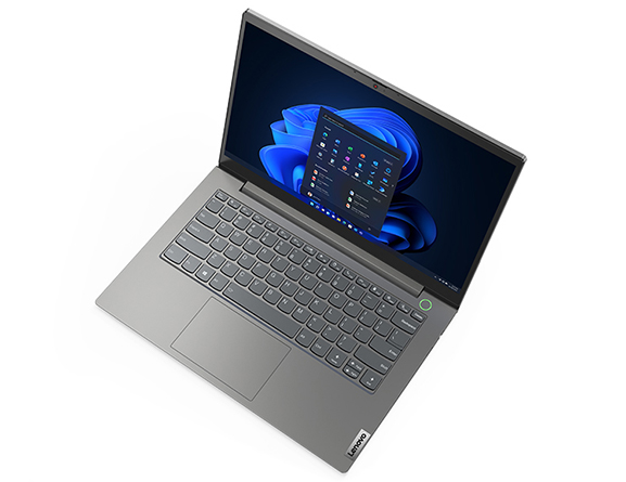 Overhead shot of the Lenovo ThinkBook 14 Gen 5 (14ʺ AMD) laptop ¾ right-rotated, open 90 degrees.