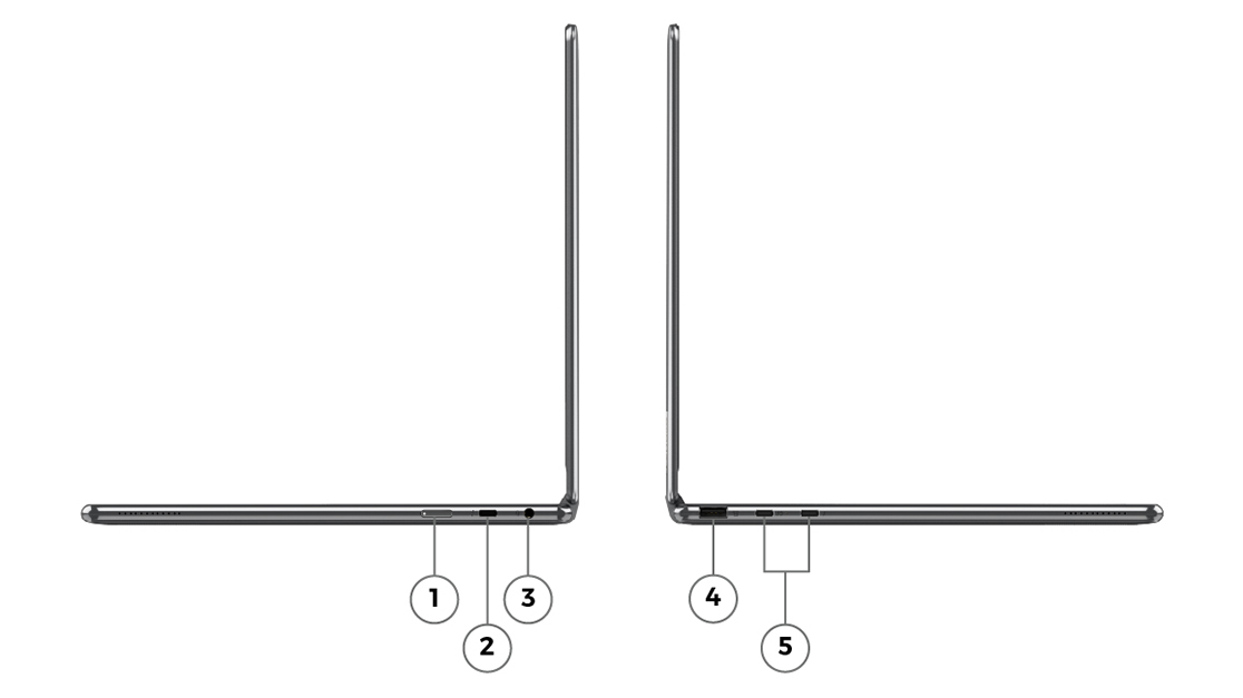 Deux portables Yoga 9i Gen 8 2-en-1, coloris Oatmeal, positionnées dos à dos, ouverts en mode portable, montrant les ports des côtés droit et gauche