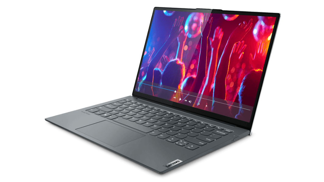 Laptop Lenovo ThinkBook 13x en Storm Grey (gris tormenta) abierta 110° y vista desde la parte frontal derecha en un ángulo alto, mostrando el teclado y la pantalla de 13.3”