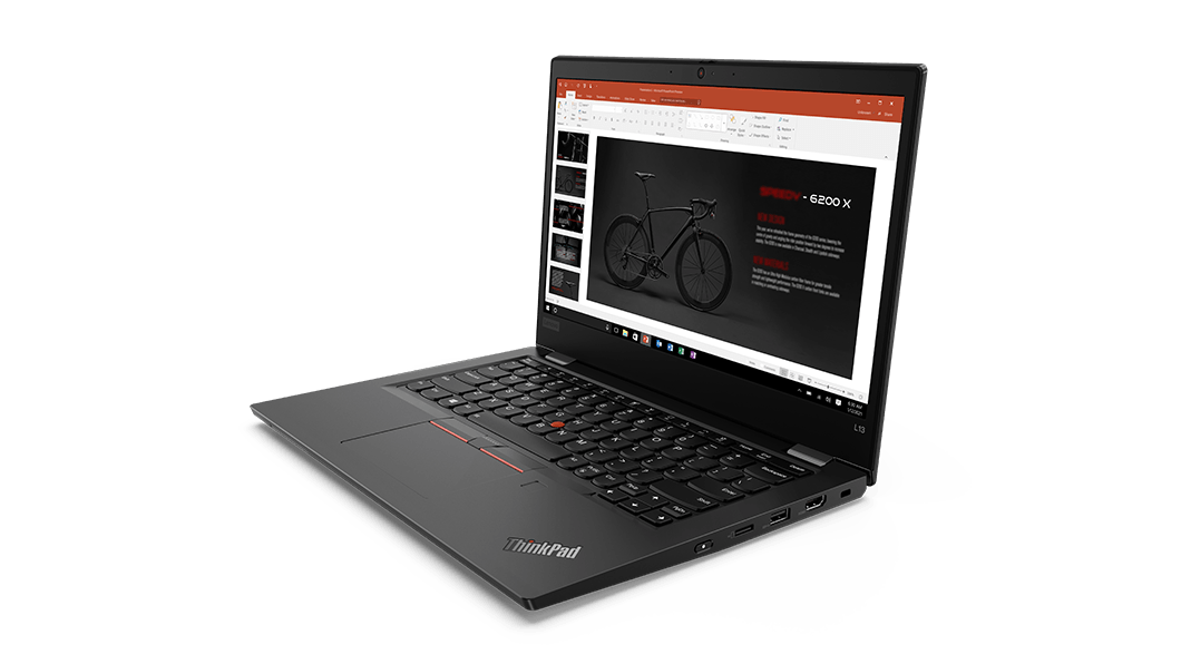 Right top front angle view of the ThinkPad L13 Gen 2 (13” AMD) laptop, open 90 degrees with a PowerPoint slide featuring a bicycle on the display