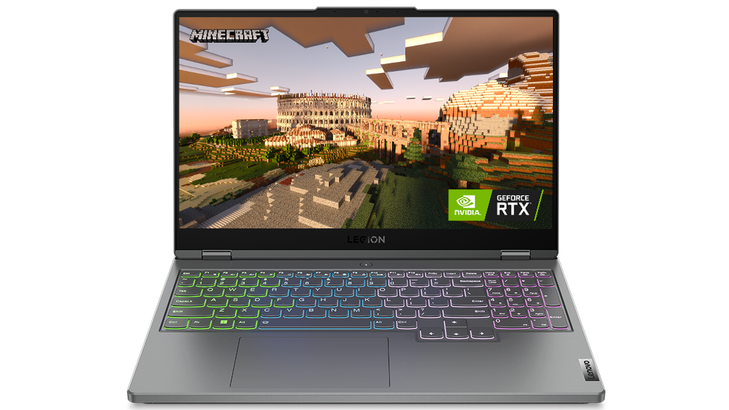 Legion 5i Gen 7 (15” Intel) in Storm Grey, front facing close-up of screen, with NVIDIA® GeForce RTX™ badge