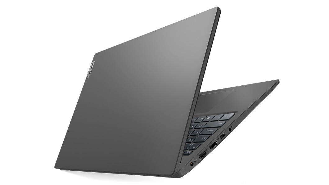 Linkerzijaanzicht van Lenovo V15 Gen 3-laptop (15” AMD), enigszins in een V-vorm opengeklapt, met voorklep en een deel van het toetsenbord