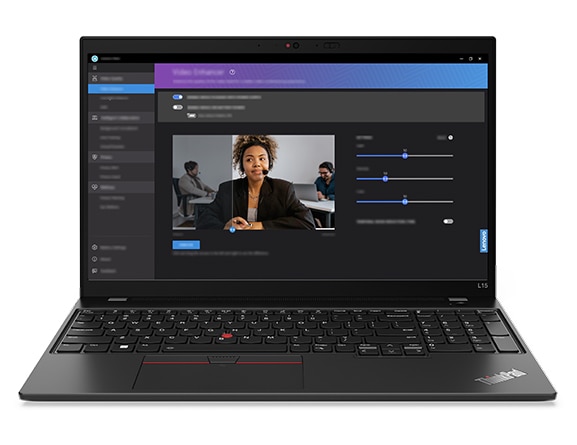 Lenovo ThinkPad L15 Gen 4 (15” AMD) laptop – front view, lid open with Video Enhancer in use on the display