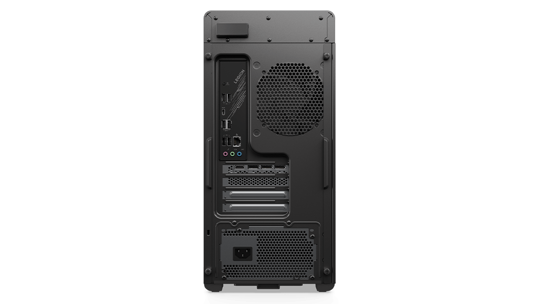 Head-on view of the rear of the Legion Tower 5i Gen 8 (Intel) gaming PC, revealing the many ports and slots including multiple USBs, HDMI, DisplayPort™, and more.
