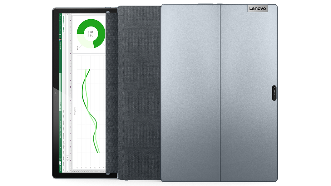Tre immagini sovrapposte di IdeaPad Duet 5i, che mostrano, da sinistra a destra, lo schermo, il dispositivo in una custodia Folio e il retro del dispositivo