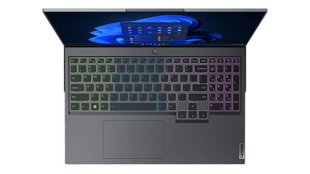 Vista superior de la notebook para juegos Lenovo Legion 5i Pro 7ma Gen (16”, Intel) abierta a 90°, mostrando la retroiluminación opcional del teclado de 4 zonas RGB