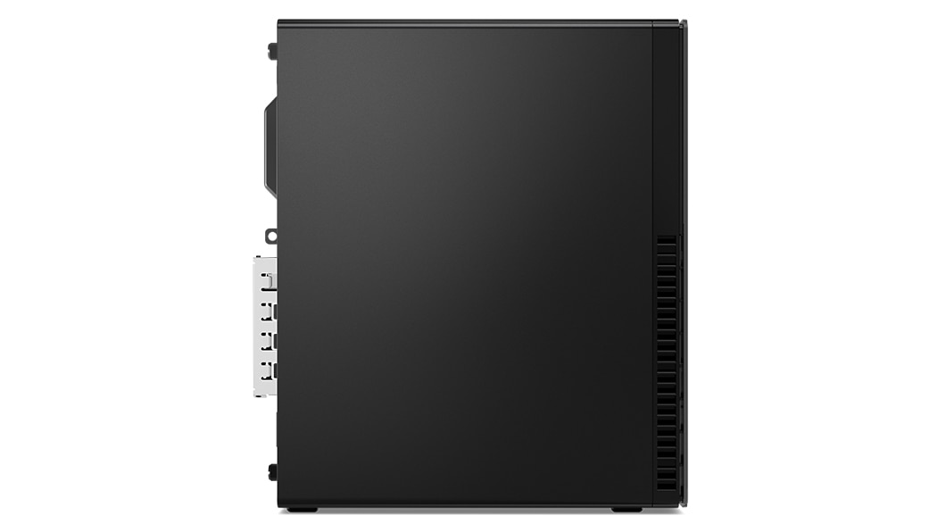 Linker zijaanzicht van Lenovo ThinkCentre M90s Gen 3 (Intel) desktop-pc met kleine vormfactor, verticaal staand, met zijpaneel zichtbaar