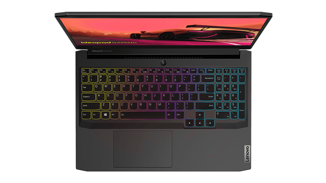 Vista superior que muestra el teclado y el panel táctil de la notebook gamer Lenovo IdeaPad Gaming 3 6ta Gen (15.6'', AMD)