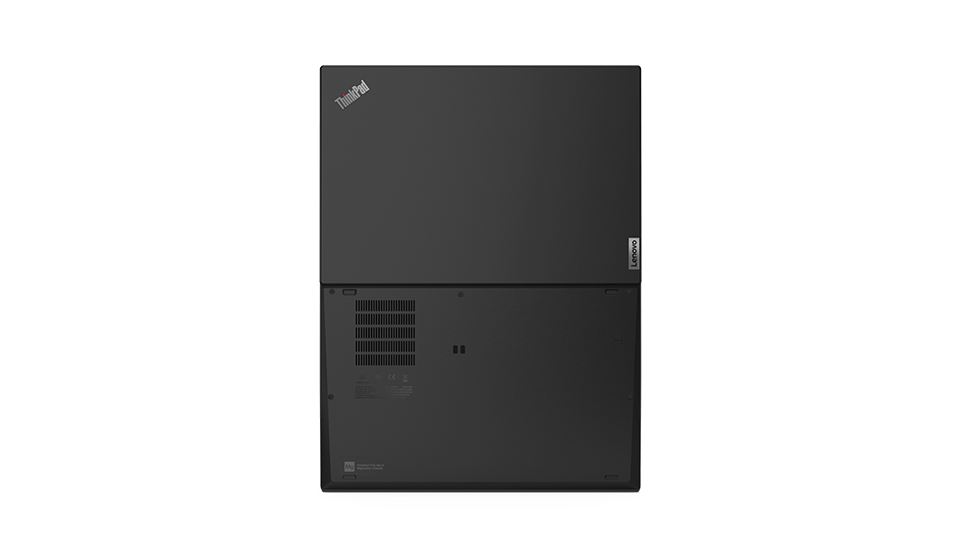 Black  värinen Lenovo ThinkPad T14s Gen 2  kannettava ylhäältä kuvattuna, avattuna 180 astetta, ylä- ja alakannet näkyvissä.
