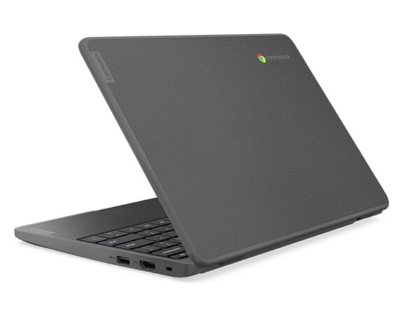 Left-side rear view of Lenovo 100e Chromebook Gen 4, opened at an angle, showing top cover & part of keyboard