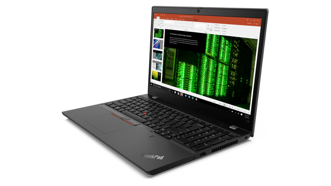 Lenovo ThinkPad L15 Gen 2 (15” AMD) laptop—3/4 right-front view with lid open and display showing presentation/slide app