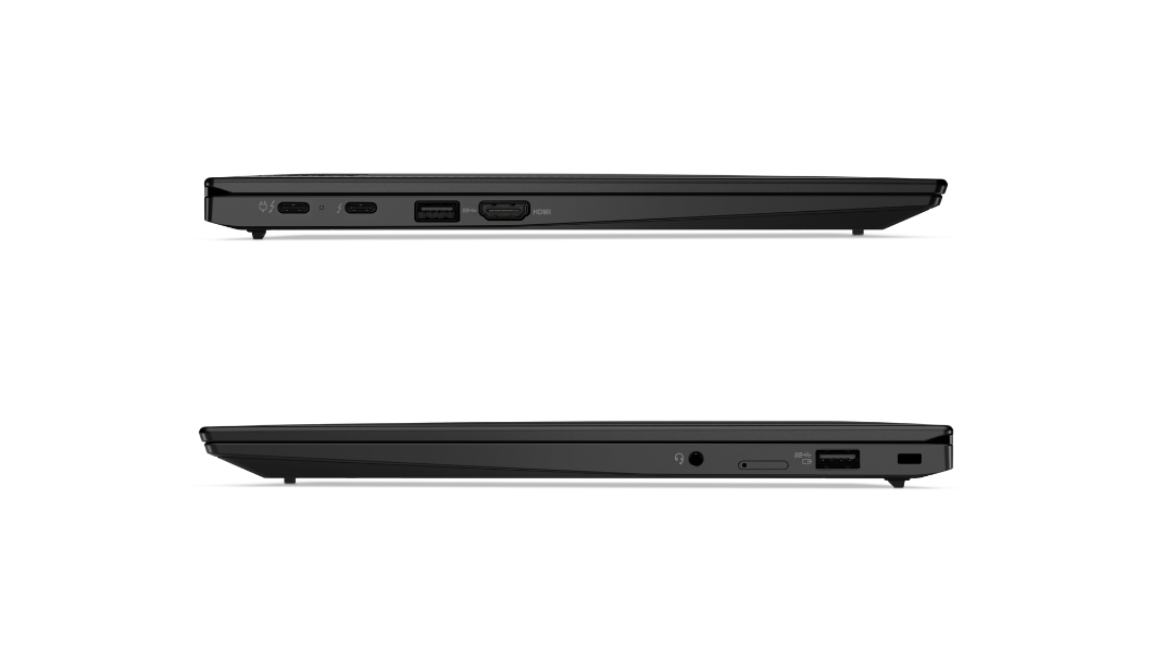 Venstre og højre side af lukket Lenovo ThinkPad X1 Carbon Gen 9 bærbar computer, der viser porte og stik.