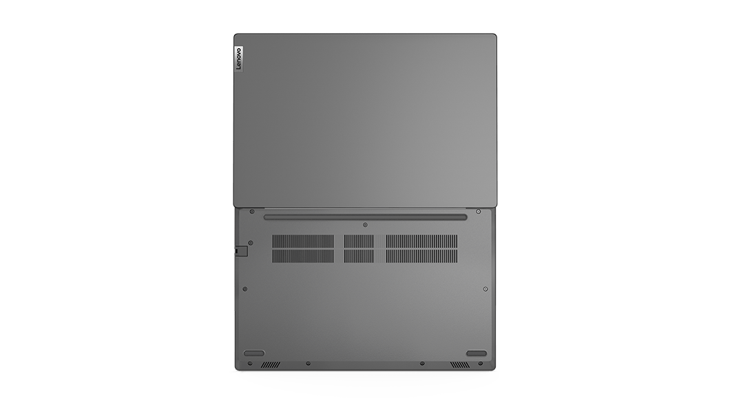 Lenovo V14 Gen 2 (14'' AMD)-laptop: achter-/onderaanzicht, met scherm opengeklapt