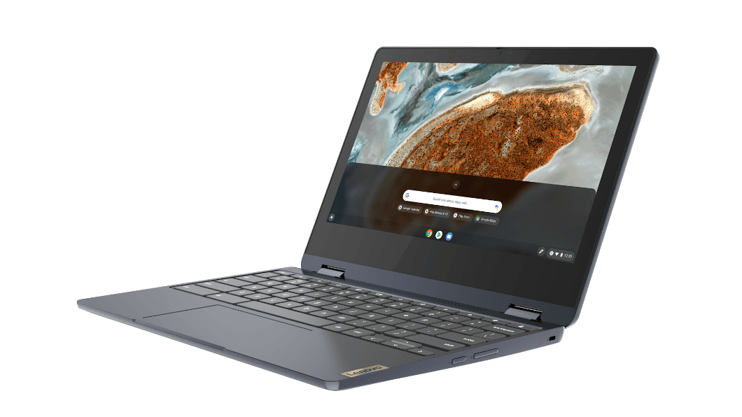 IdeaPad Flex 3 Chromebook Gen 6 (11″ MTK) laptop mode open, screen on, front facing left angle