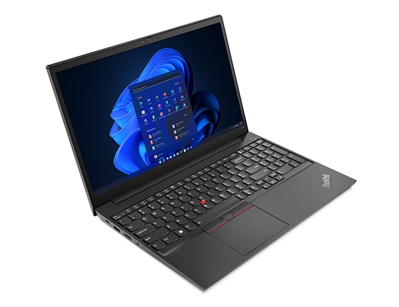 Aerial view of ThinkPad E14 Gen 4 business laptop, opened 90 degrees at a slight angle, showing top keyboard and display with Windows 11