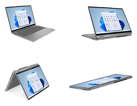 IdeaPad Flex 5 Gen 8 laptop showing 360-degree hinge and four different modes of use  including tent mode, tablet mode, display facing right, and presentation mode