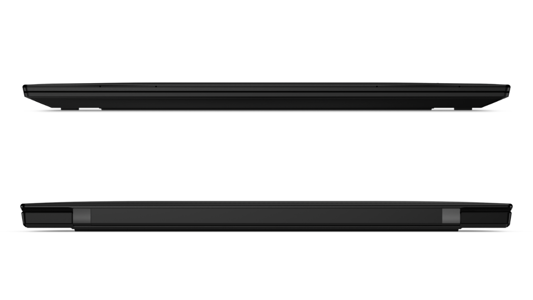 Achterkant en voorkant van een gesloten Lenovo ThinkPad X1 Carbon-laptop van de 9e generatie met scharnieren aan de achterkant.