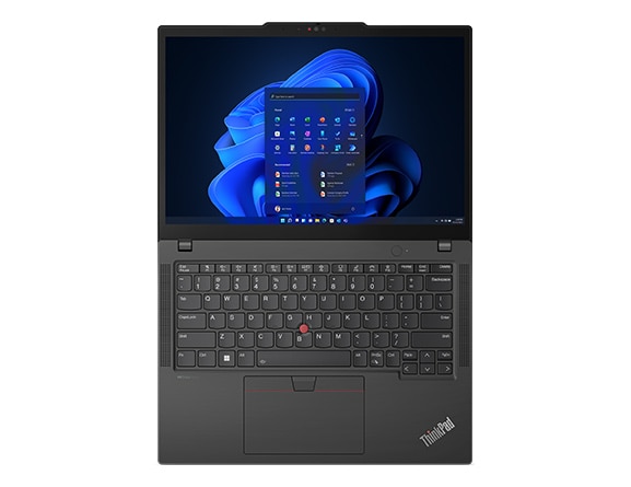 Vue de dessus directe d’un portable ThinkPad X13 Gen 4 ouvert à 180 degrés, montrant le clavier et l’écran