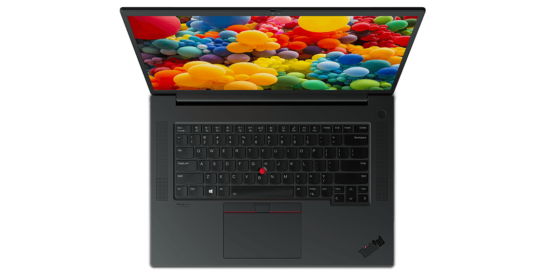 Overhead shot of Lenovo ThinkPad P1 Gen 4 mobile workstation keyboard with display, open 90 degrees.