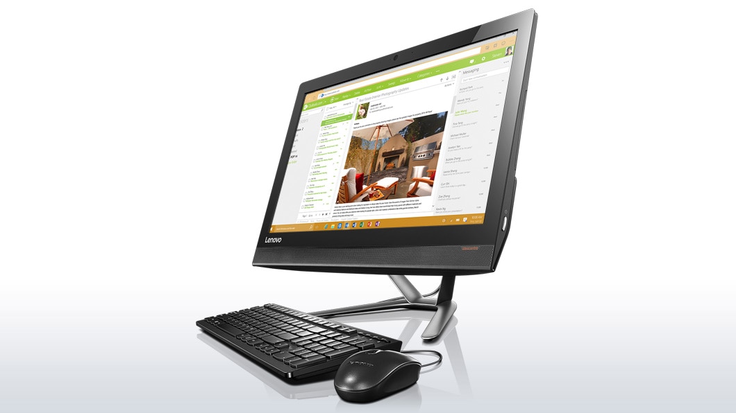 Lenovo Ideacentre AIO 300 (23), front right side view with keyboard and mouse