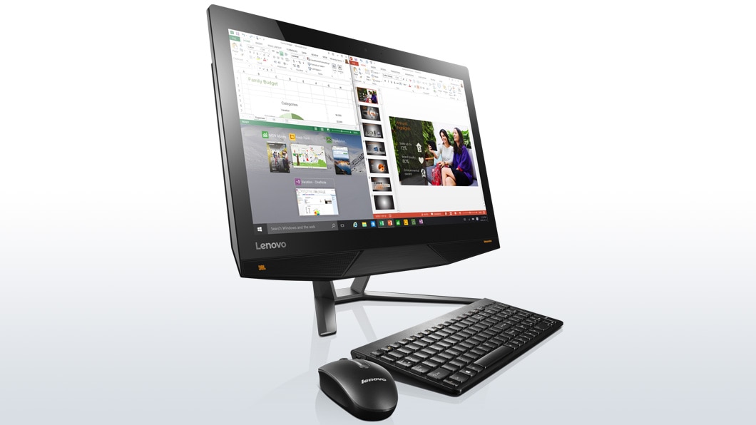 Lenovo Ideacentre 700 (24) in black, front left side view with keyboard and mouse
