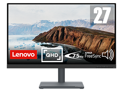 Monitor QHD 2K Lenovo L27q-35 de 27" (68,58 cm) (VA, 75 Hz a 4 ms, HDMI DP, FreeSync, colunas, suporte para telemóvel, inclinação)