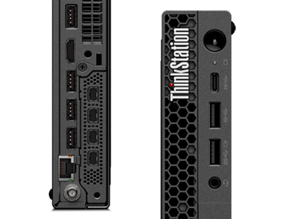 Close-up details of Lenovo ThinkStation P360 Tiny workstation front and rear sides.