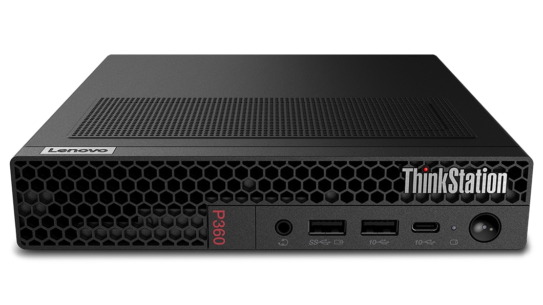 Lenovo ThinkStation P360 Tiny -työasema edestä kuvattuna, vaaka-asennossa, ylä- ja etupuoli näkyvissä.