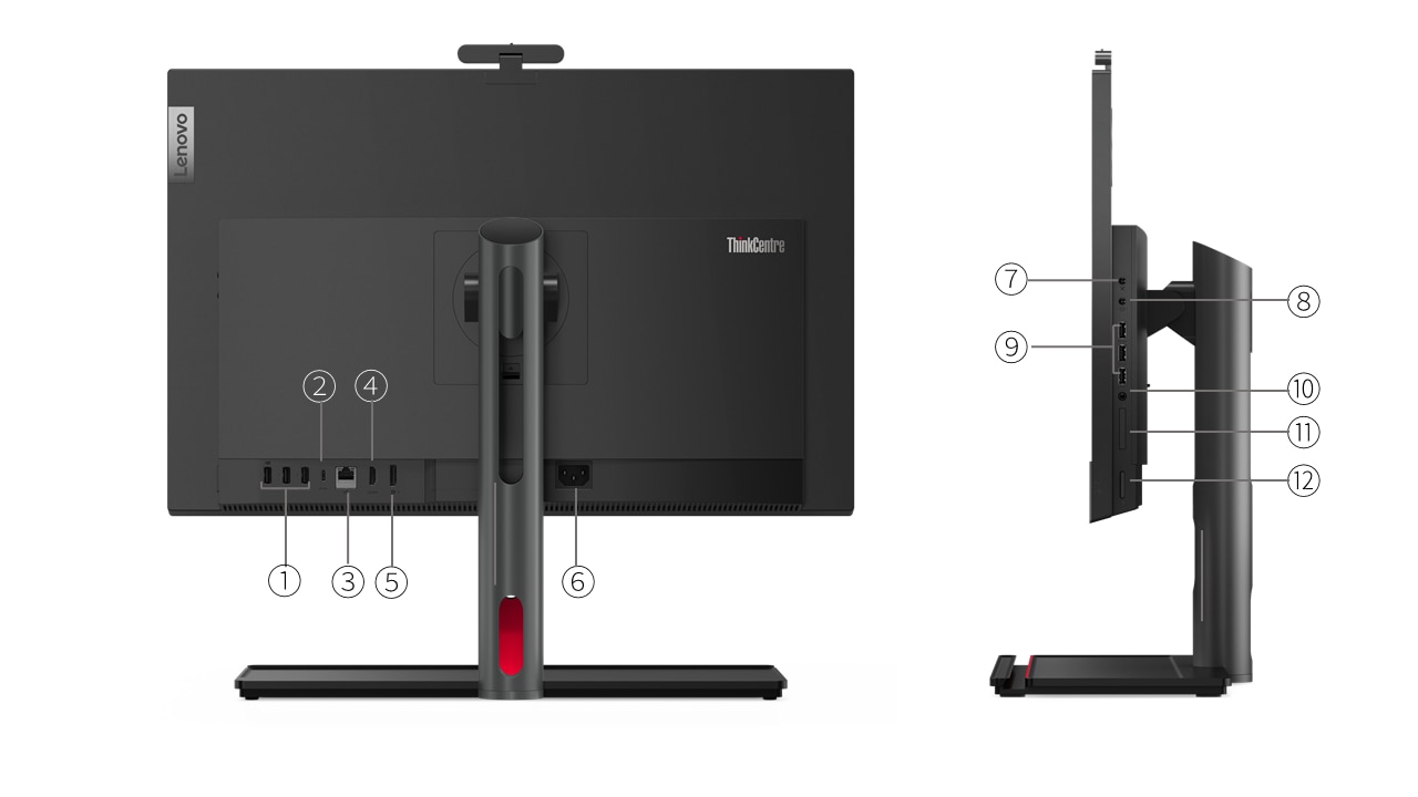 Rear view of ThinkCentre M90a Gen 3 AIO, showing ports,Right side profile of ThinkCentre M90a Gen 3 AIO, showing ports,Left side profile of ThinkCentre M90a Gen 3 AIO, showing ports