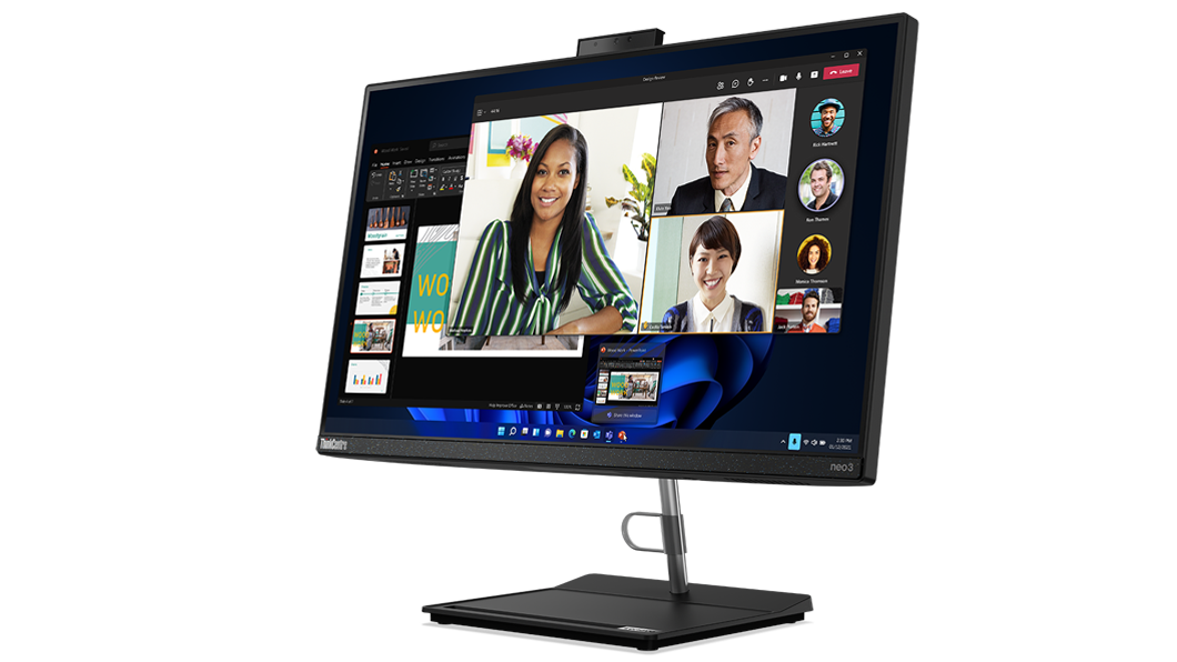 Front-facing, side view of Lenovo ThinkCentre Neo 30a (24” Intel) all-in-one business PC, showing display.
