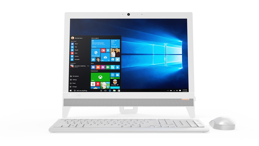 Lenovo Ideacentre AIO 310 (20) in white, front view with keyboard and mouse