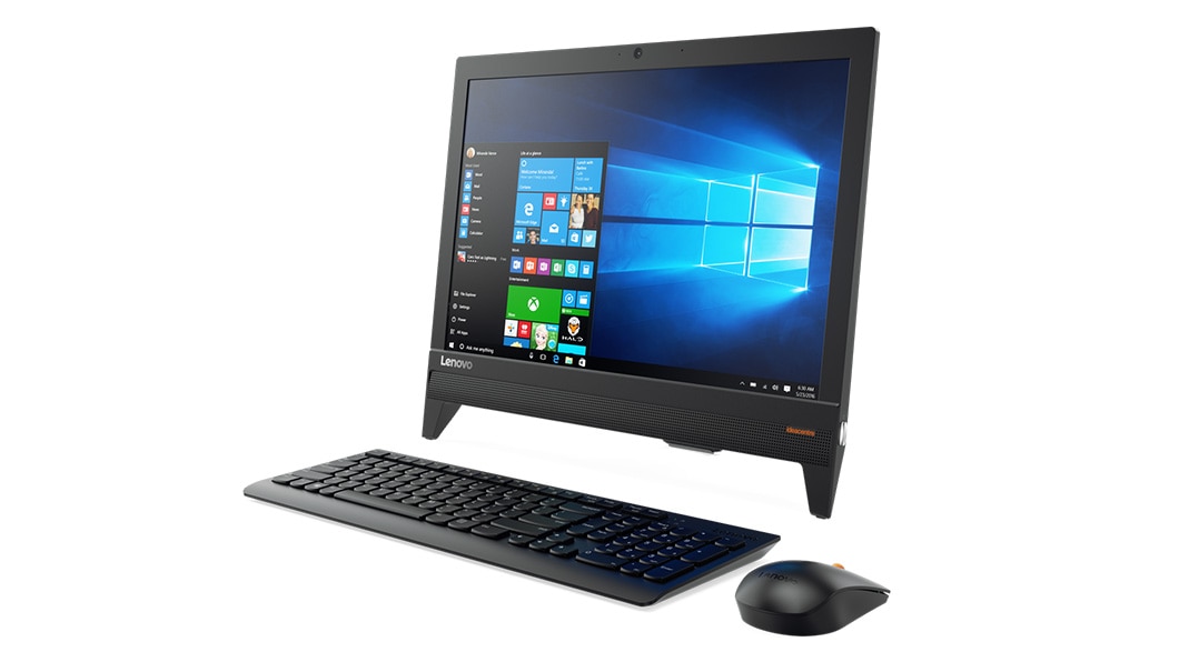 Lenovo Ideacentre AIO 310 (20) in black, front right side view with keyboard and mouse