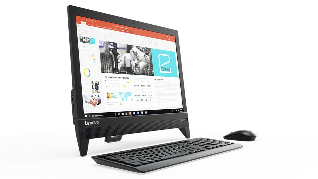 Lenovo Ideacentre AIO 310 (20) in black, front left side view with keyboard and mouse
