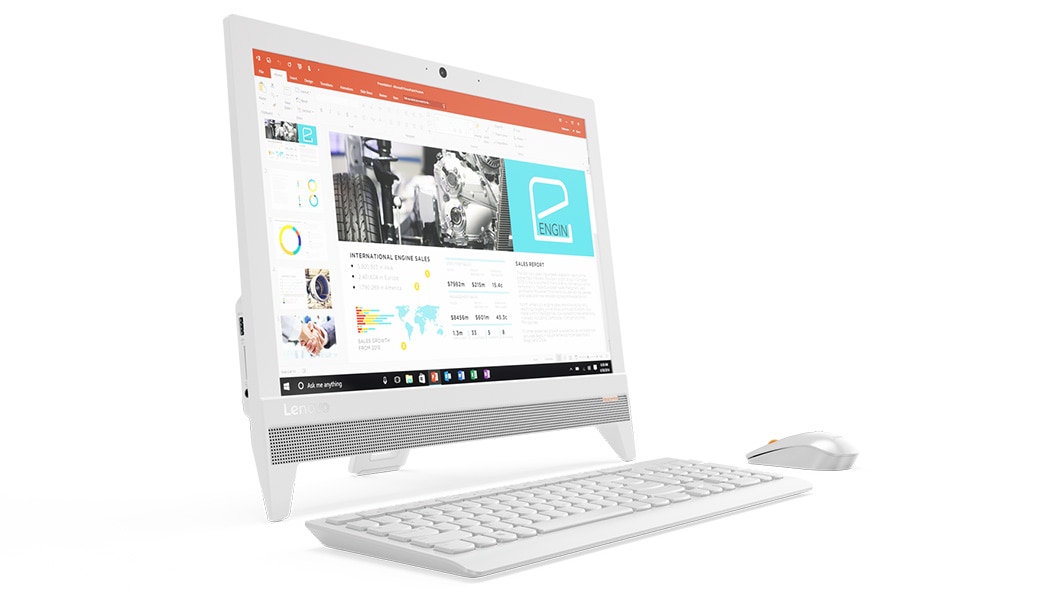 Lenovo Ideacentre AIO 310 (20) in white, front left side view with keyboard and mouse