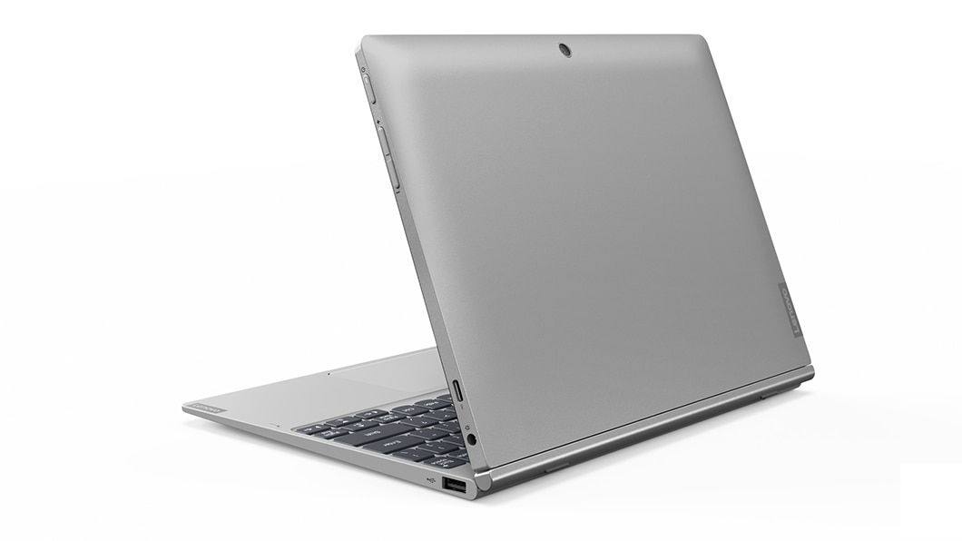 Vista trasera de la laptop tablet IdeaPad D330 (10.1”, Intel) abierta a poco menos de 90°