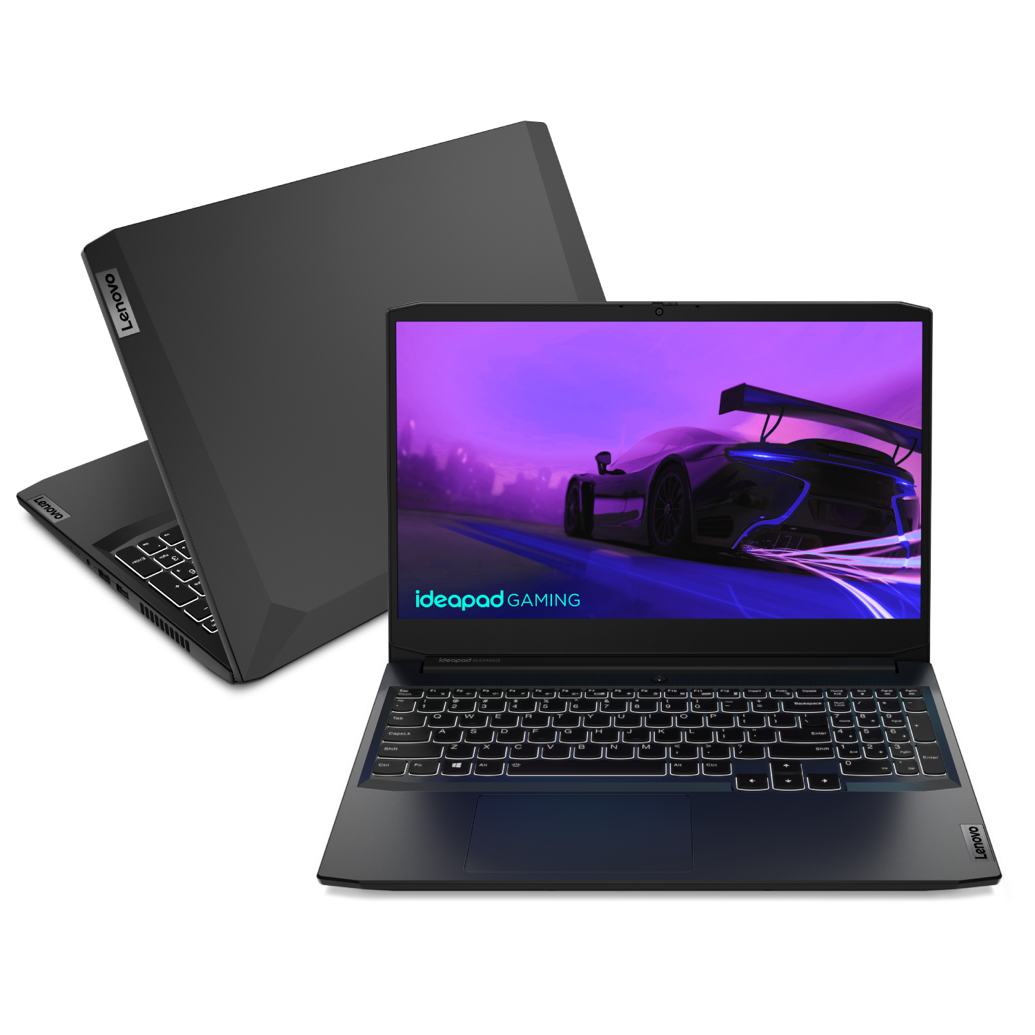 Lenovo IdeaPad Gaming 3i Gen 6 (15” Intel) laptop—3/4 right-front view, tilted upward, with lid open and image of racecar on the display