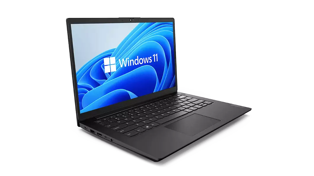 Imagen de semiperfil derecho de la laptop Lenovo K14 (14”, Intel) abierta a 180°. Su pantalla está encendida con la imagen de Windows 11.