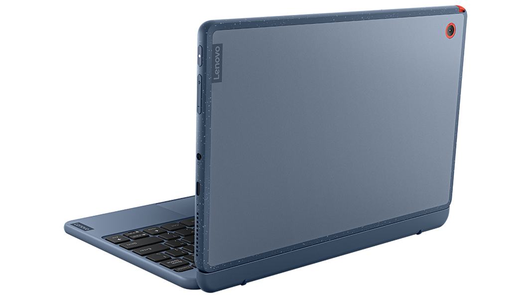 Rear-facing Lenovo 10w (10” QLC), opened and at an angle, showcasing optional detachable keyboard
