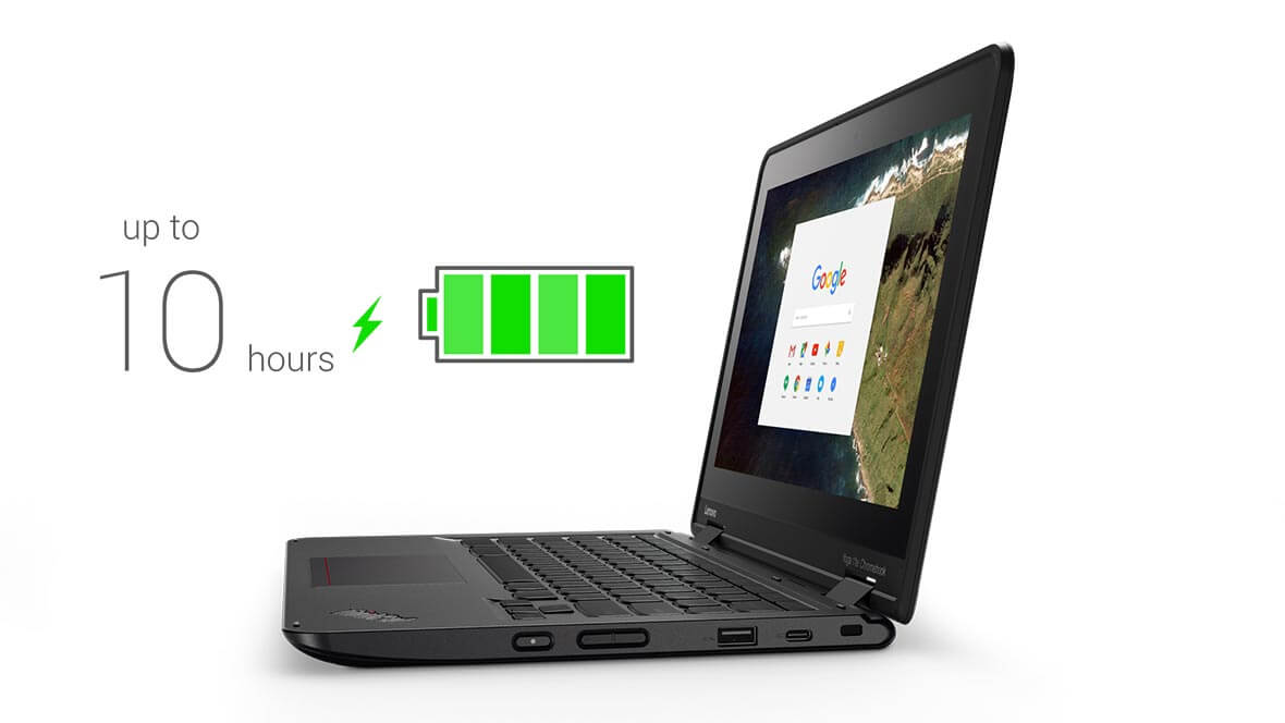 Lenovo ThinkPad Yoga 11e Chromebook and Icon Depicting Long Battery Life