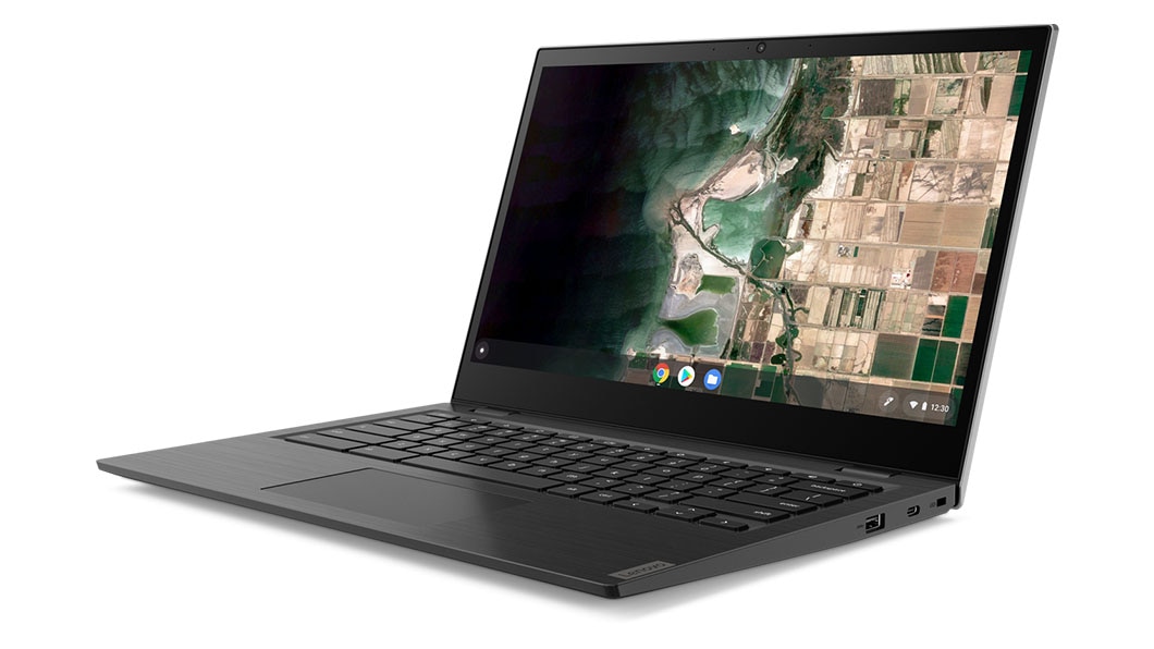 Chromebook Lenovo 14e, vue de côté montrant l’écran et les ports